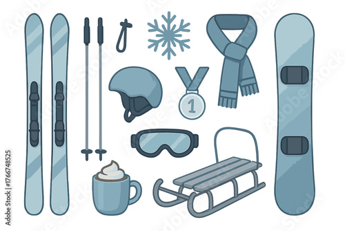 Set of stylized blue winter sports equipment and recreation icons