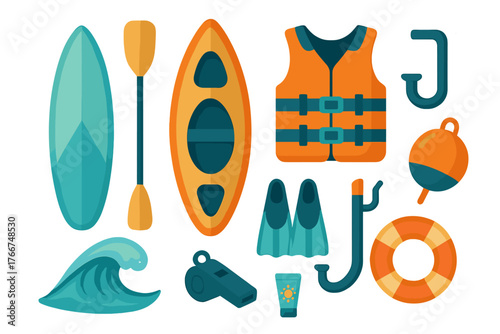 Colorful icons for water sports and swimming safety equipment