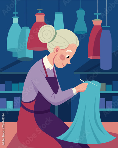 An elderly seamstress with her silver hair pulled back into a tight bun meticulously handstitching a finelycrafted dress in the corner of the bustling textile factory.. Vector illustration