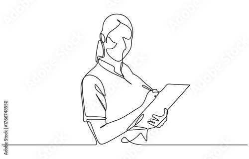 Continuous one line drawing of Female medical staff taking a note vector illustration. Isolated on transparent background
