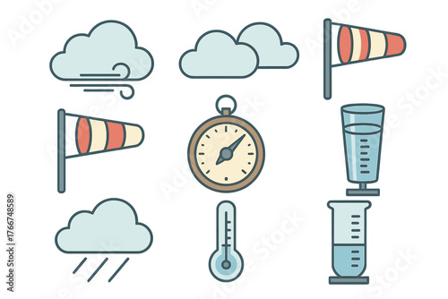 Collection of weather measurement and forecast icons featuring windsock and rain gauge