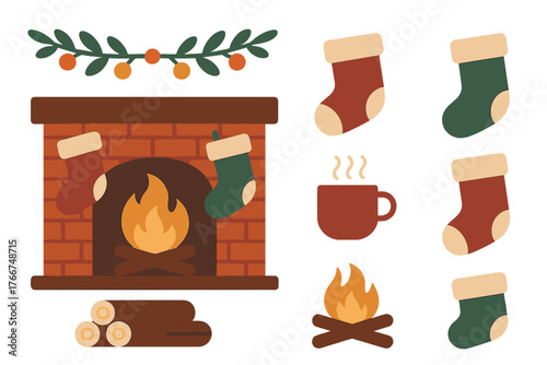 Cozy winter holiday icons featuring fireplace and hanging stockings