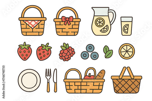 Woven basket and fresh fruit icons for outdoor dining and summer events
