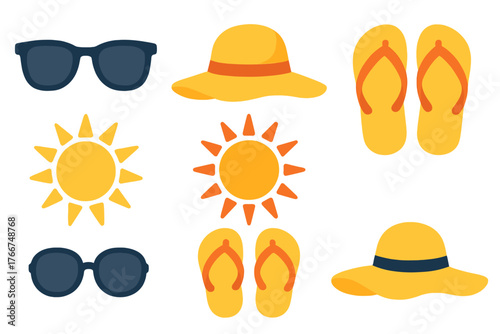Set of summer vacation accessories icons featuring sun and beach elements