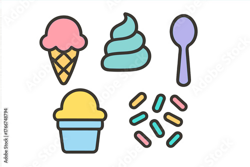 Colorful assortment of sweet frozen dessert icons featuring ice cream cone and cup
