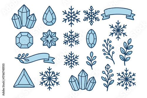 Assortment of blue winter and crystal themed decorative design elements