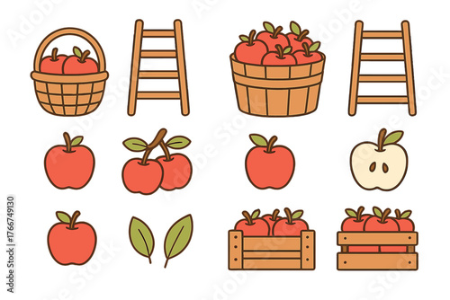 Apple picking harvest icons featuring baskets ladders and fruit elements