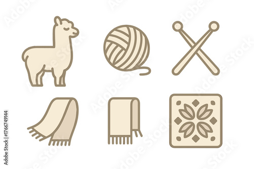 Alpaca wool knitting craft icons set featuring yarn and scarf elements