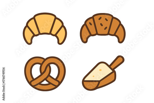 Collection of baked goods symbols featuring croissant, pretzel, and flour scoop