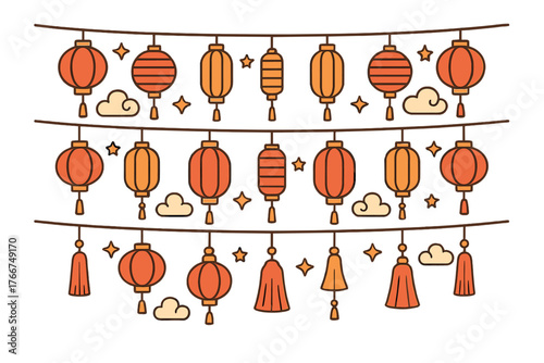 Vibrant hanging lanterns with celestial elements for Asian festival celebration