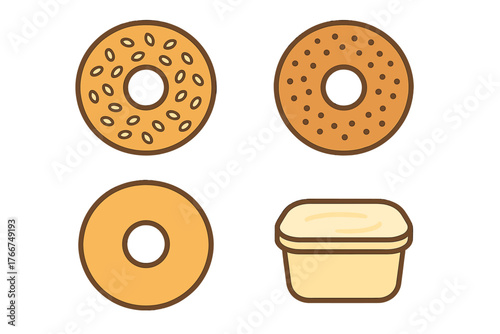 Assortment of bagels and cream cheese container icon set