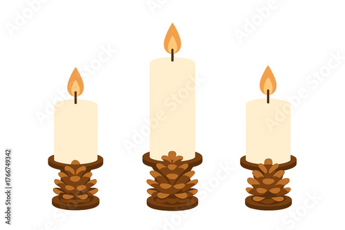 Three burning pillar candles set in decorative pine cone holders