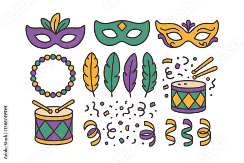 Mardi Gras celebration icons set featuring masks beads and musical instruments