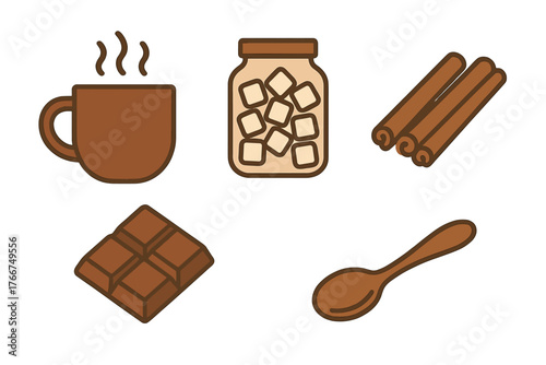 Hot chocolate ingredients collection with steaming mug and cinnamon sticks