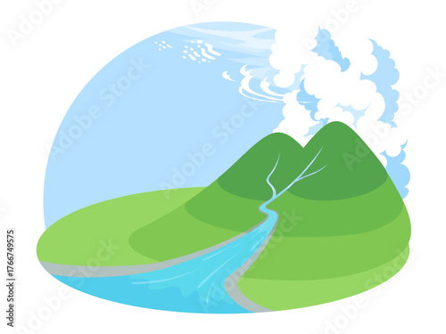 ヴィネット風の山から流れる川と色々な種類の雲の背景イラスト