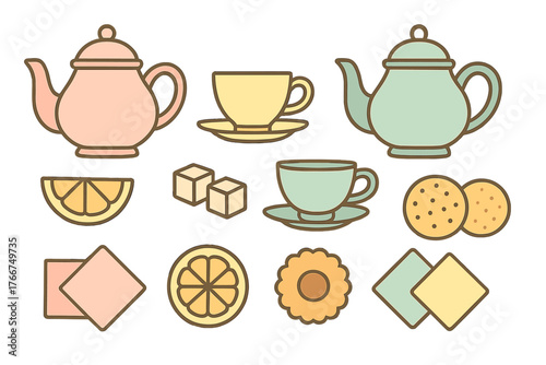 Pastel colored tea party icons featuring teapots cups lemon slices and cookies