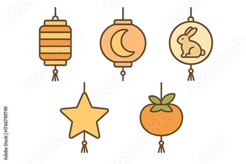 Assortment of hanging Asian cultural festival lanterns and decorative charms
