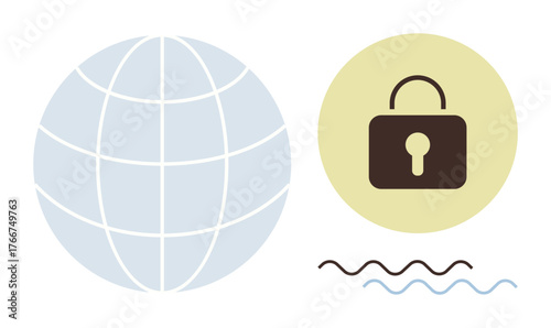 Globe representing worldwide connectivity next to a lock symbolizing online security and data protection. Ideal for cybersecurity, internet, privacy, network safety, global access, secure