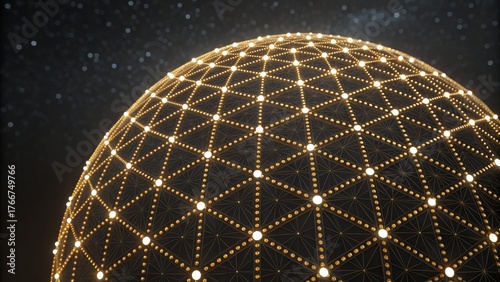 Intricate dome structure illuminated by lights against a dark background.