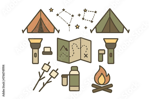 Set of camping and hiking equipment icons featuring tents and campfire