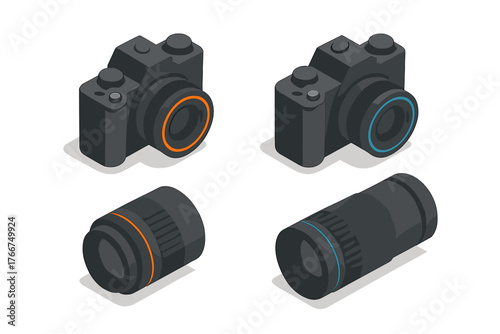 Isometric digital camera bodies and interchangeable lens components