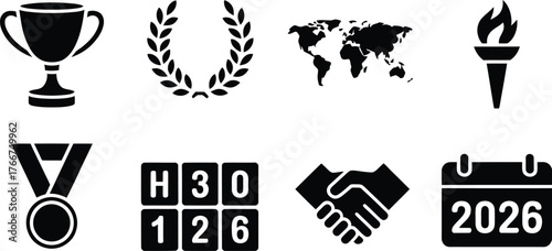 Collection of Sports and Achievement Icons Including Trophy Laurel Wreath World Map Torch Medal Scoreboard Handshake and Calendar