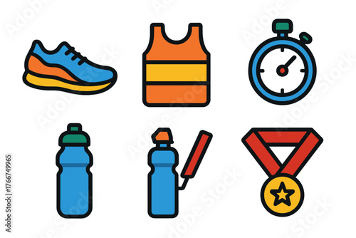 Set of fitness and running equipment icons for sports activity and training