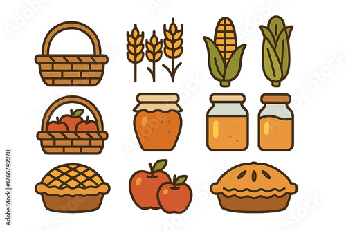 Set of stylized icons representing autumn harvest foods and produce