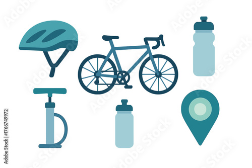 Set of essential bicycle equipment and navigation icons for cycling sports