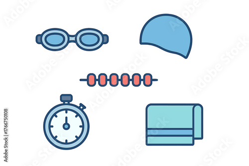 Collection of essential swimming equipment icons for aquatic sports training