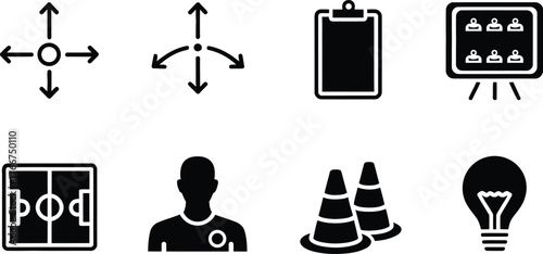 Set of eight black sport and business icons on a white background collection sports