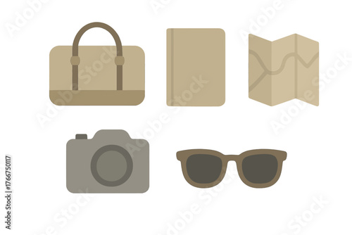 Essential travel accessories icons featuring luggage map camera and sunglasses