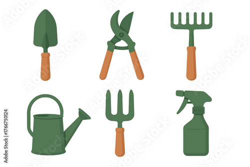 Essential green gardening tools with wooden handles for planting and maintenance