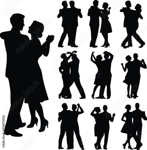 Silhouette dancing couples collection, ballroom dance poses, tango waltz salsa swing, romantic partner choreography, elegant movement art, black figures isolated white background illustration