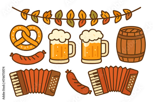 Traditional German festival icons featuring beer, pretzel, and musical instrument