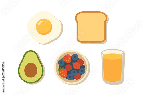 Healthy breakfast food icons featuring egg avocado toast berries and fresh juice