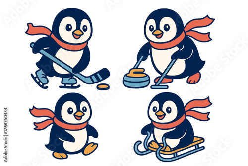 Four cute cartoon penguins playing different winter sports with scarves