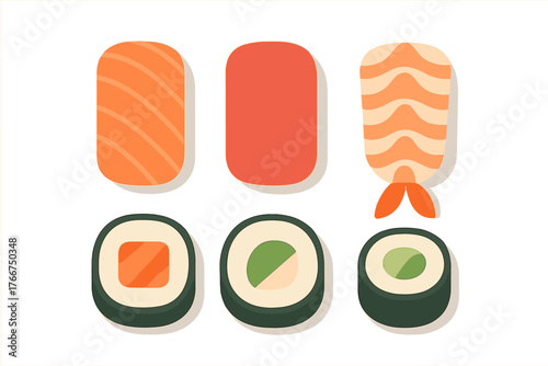 Various sushi nigiri and maki rolls icons set