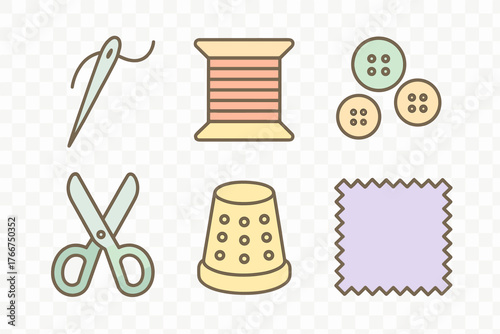 Colorful sewing and tailoring icons featuring needle, thread, scissors, and buttons
