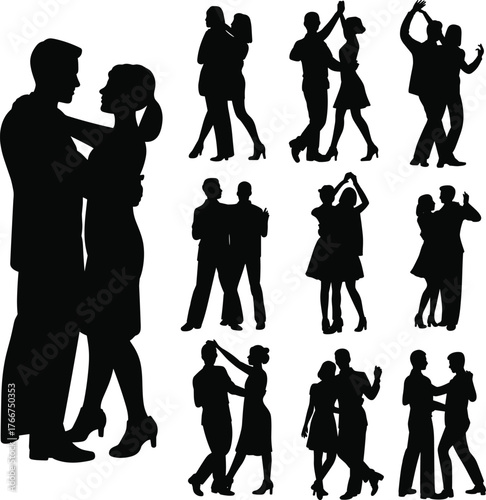 Silhouette couples dancing, ballroom dance poses, social dance illustration, romantic partner movement, elegant tango waltz salsa, performance art, vector people