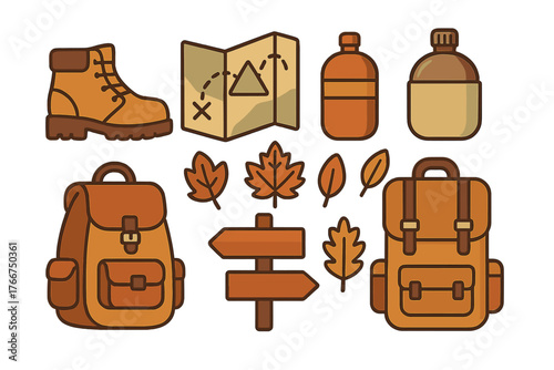 Set of essential icons for autumn hiking and camping activities