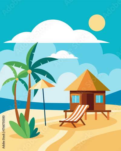 An afternoon break from work to soak in the warm sun on the white sandy beach just steps away from the bungalow.. Vector illustration