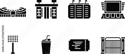 Stadium And Sports Event Icons Including Arena Scoreboards Floodlight Drink Ticket And Gate vector illustration