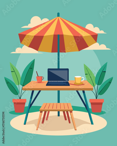 An laptop arrangement on a wooden picnic table shaded by a colorful umbrella in the midst of a lively garden café.. Vector illustration