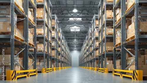 A modern warehouse with high shelves storing numerous boxes and empty aisles for efficient movement. Delivery and storage concept