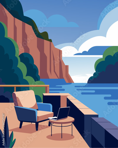 A terrace with a comfortable seating area perfect for video conference calls with a stunning cliffside backdrop.. Vector illustration
