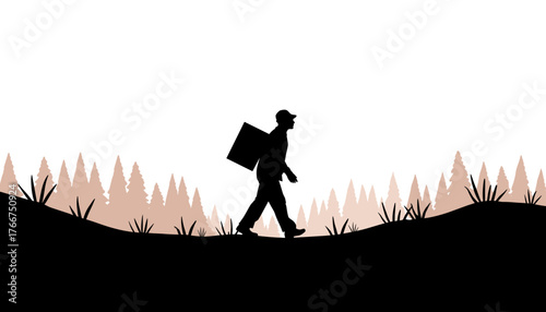 A silhouette of a courier walking with a delivery box in the morning fog, in a forest landscape.