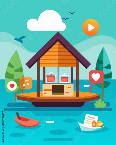 An Instagram influencer shares photos of their office for the day a rustic raft house floating on turquoise waters.. Vector illustration
