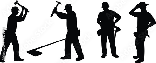 Construction worker silhouettes with hammer, tool belt, hard hat, labor, teamwork, industry, safety, occupation, building, contractor, engineering, workforce, repair, maintenance, architecture