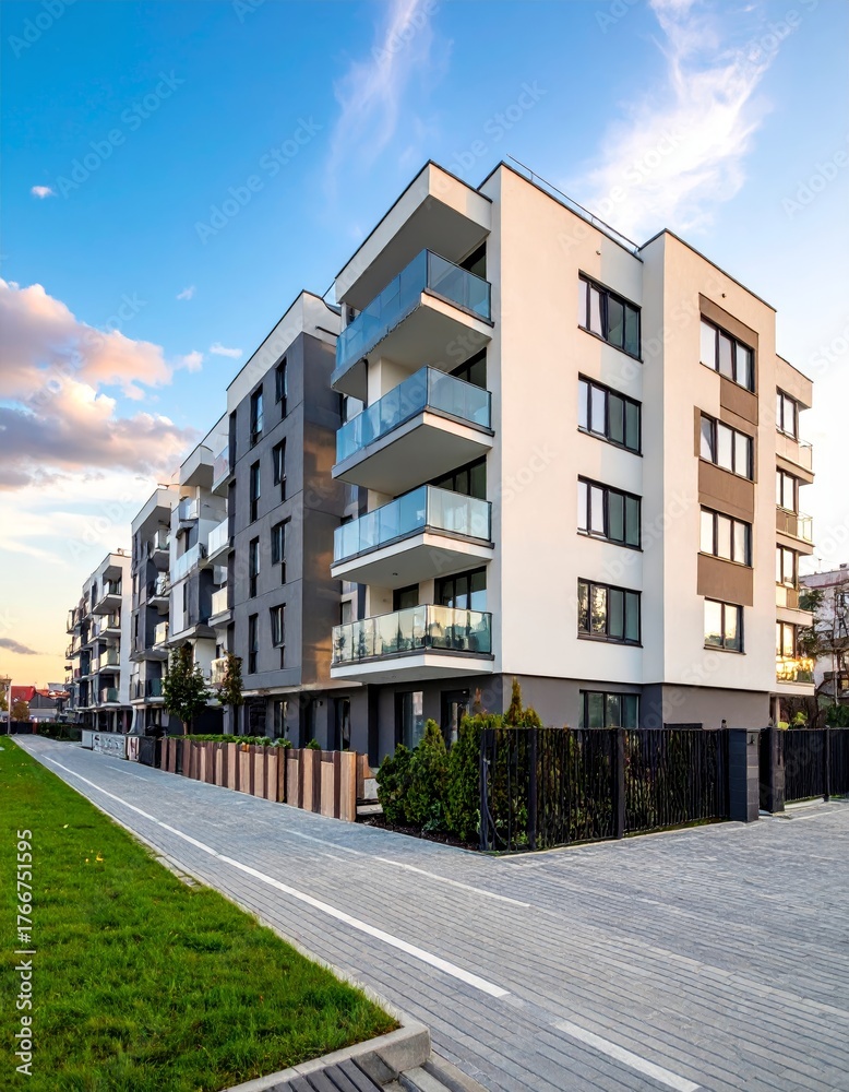 Obraz premium New modern block of flat, condo architecture. Residential apartment flat, luxury house complex. City real estate property